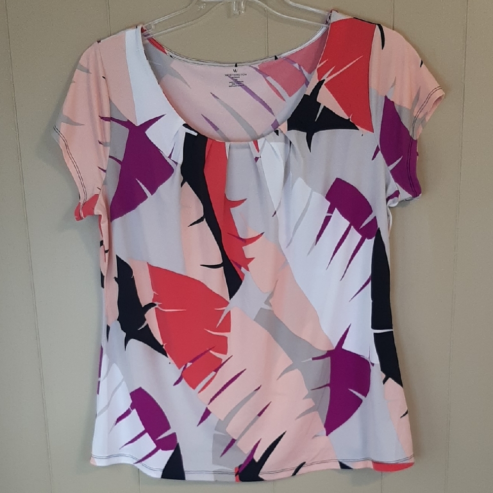 Worthington Women's OX Blouse Short sleeve With Multi Color Abstract Design